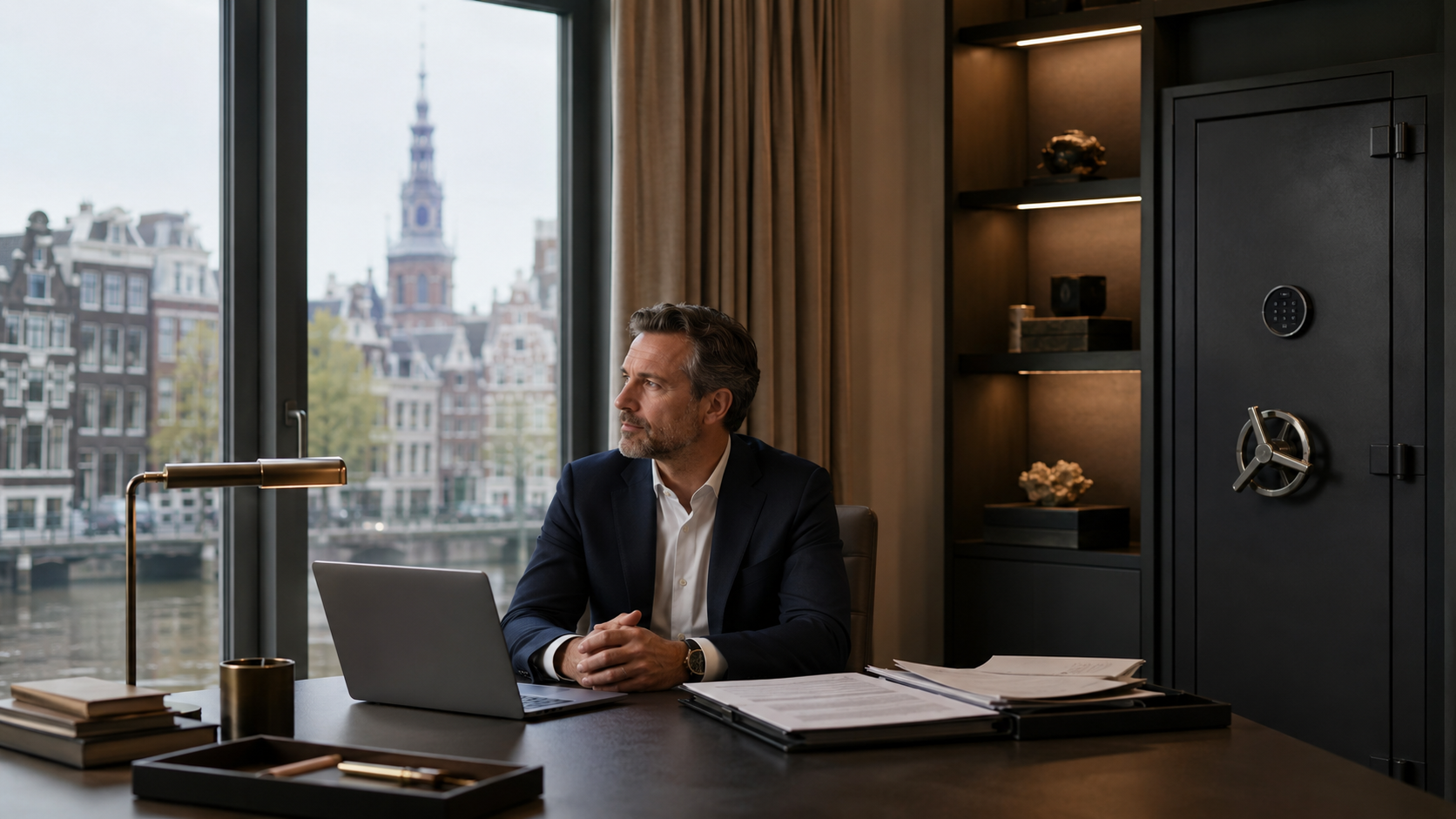 Adviseur in een kantoor naast een moderne kluis, met uitzicht op Nederlandse grachtenpanden.